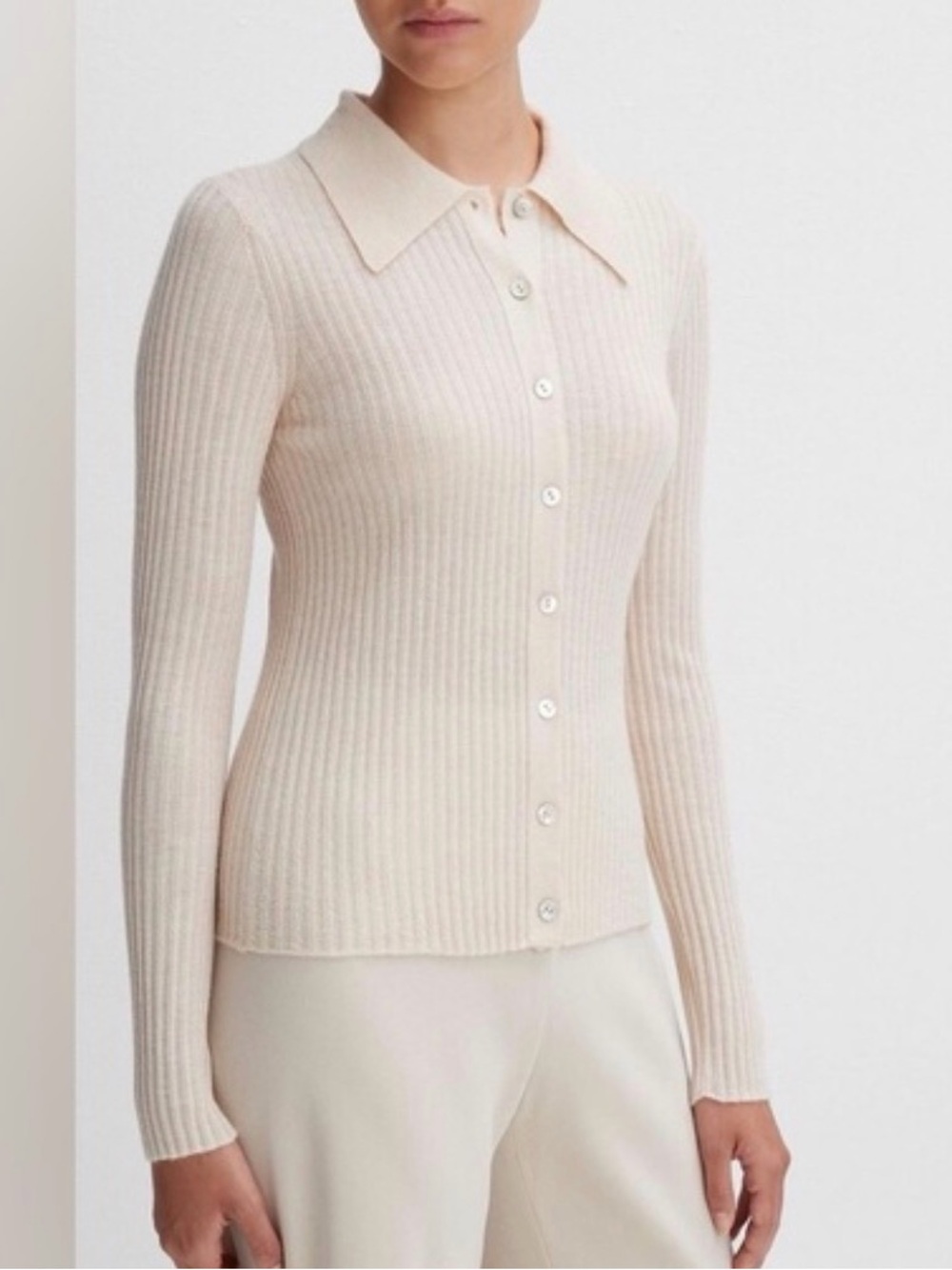 Vince Rib-Knit Polo Button-Front cardigan cashmere silk blend  - Cream